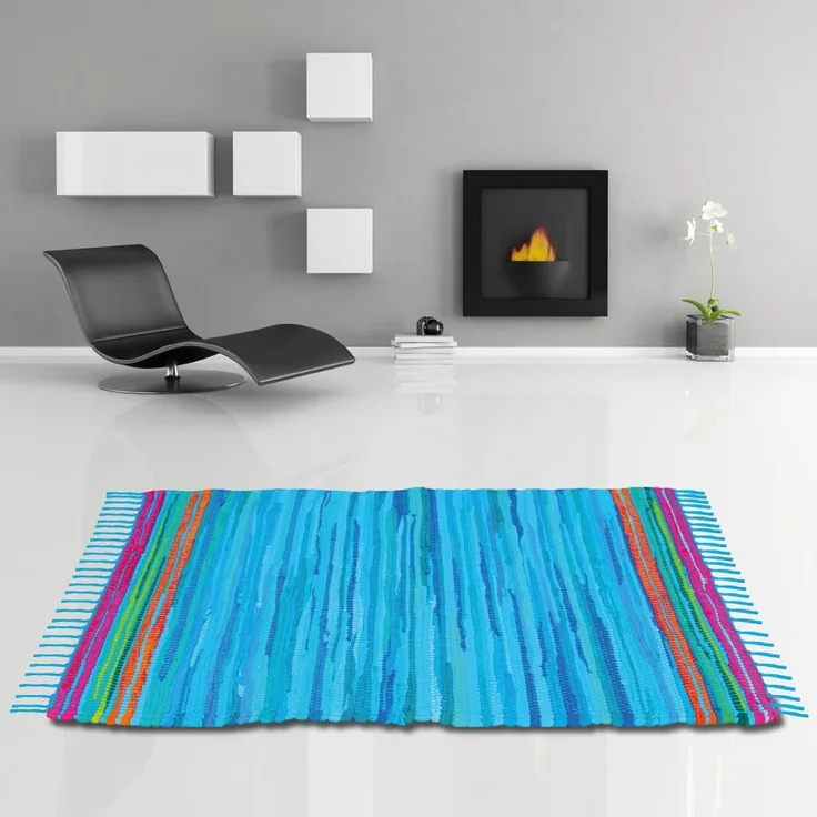 Flickenteppich handgewebter Teppich aus Baumwolle, stylischer und strapazierfähiger Fleckerlteppich in vielen verschiedenen modischen Ausführungen erhältlich (90 x 150cm / blau - dunkelblau)