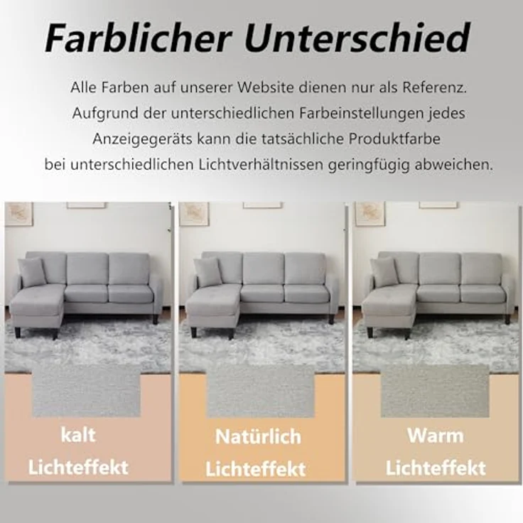 Ball & Cast L-förmiges Eckcouch mit Schlaffunktion, 3-Sitzer Sofa mit Kunststoffbeine aus Baumwoll-Leinenstoff für das Wohnzimmer Wohnung Villa, 166 x 77 x 118 (BxHxT), Grau – Bild 8