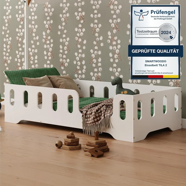 smartwood Kinderbett Bodenbett 90x160 mit Rausfallschutz & Lattenrost - Weiß - Kinder Montessori Bett TILA 2P mit glatten Kanten - Betten für schnelle Montage - Bis 230 kg belastbar – Bild 1