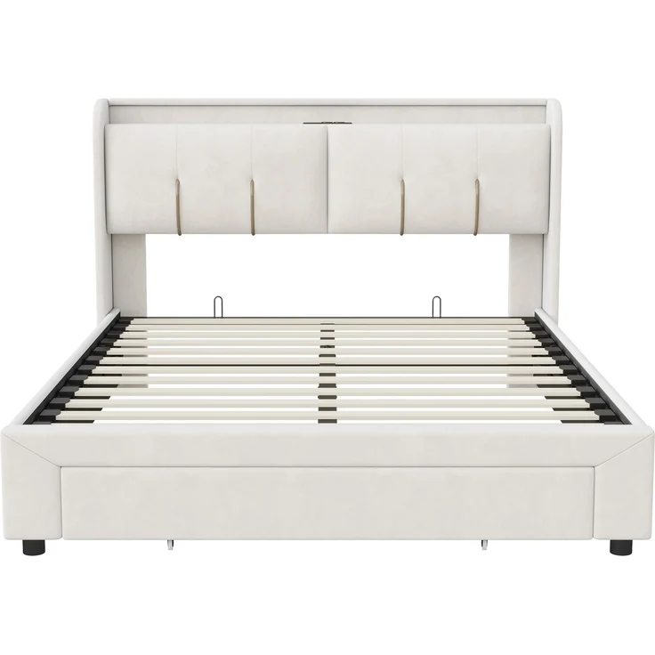 Pressure bed with storage function, light strip and USB charging port, double bed 140 * 200cm beige velvet European standard charger – Bild 4
