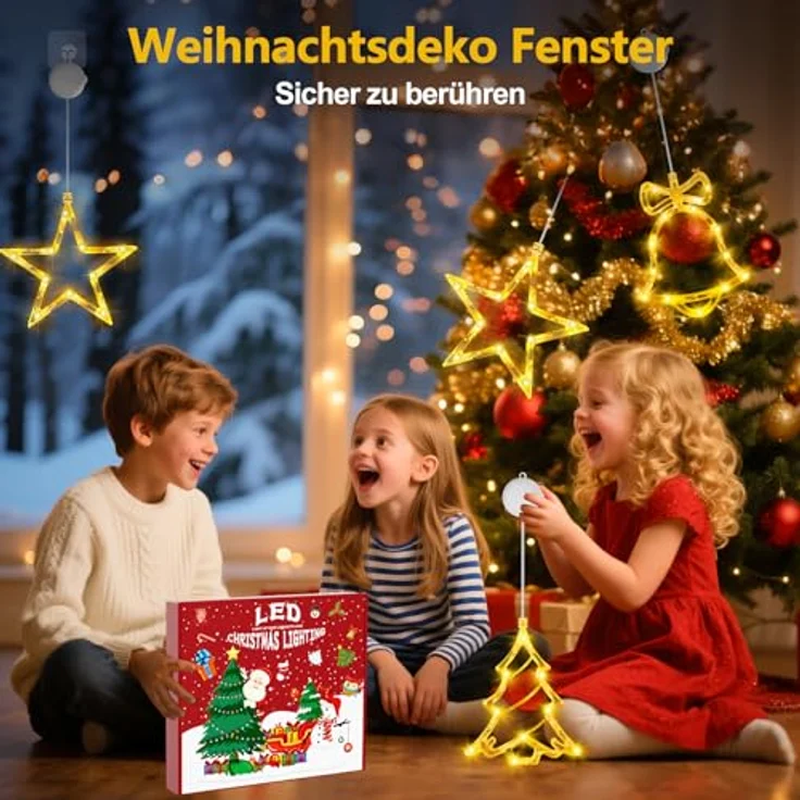 OUILA 4er Set LED Weihnachtsdeko Fenster, Stern + Weihnachtsbaum + Glocke Weihnachtsstern Fenster Batterie und Timer Saugnapf Lichterkette für Fensterbeleuchtung Weihnachten Innen Weihnachtsgeschenke – Bild 3