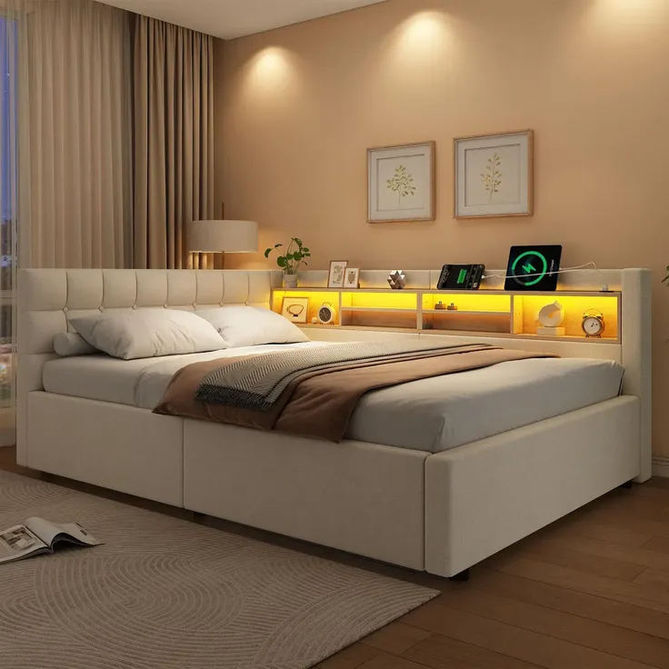 Polsterbett mit LED-Streifen, Lattenrost, Regal, Aufbewahrung, Type-C und USB, gepolsterter Kopfteil, 140x200 cm, Schlafsofa, Tagesbett, Leinen – Bild 3