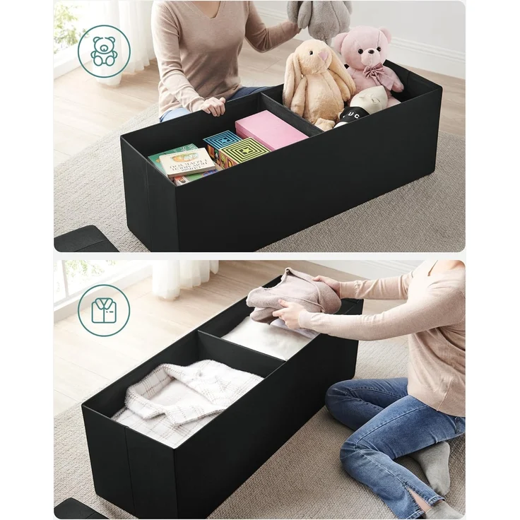 Songmics Sitzbank mit Stauraum, Sitztruhe, Aufbewahrungsbox, faltbar, max. statische Belastbarkeit 300 kg, mit Trenngitter aus Metall, 120 L, 110 x 38 x 38 cm, Leinenimitat, schwarz – Bild 4