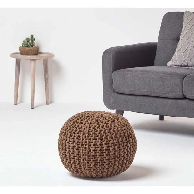 Homescapes Pouf Runder Strickpouf 100% Baumwolle, braun