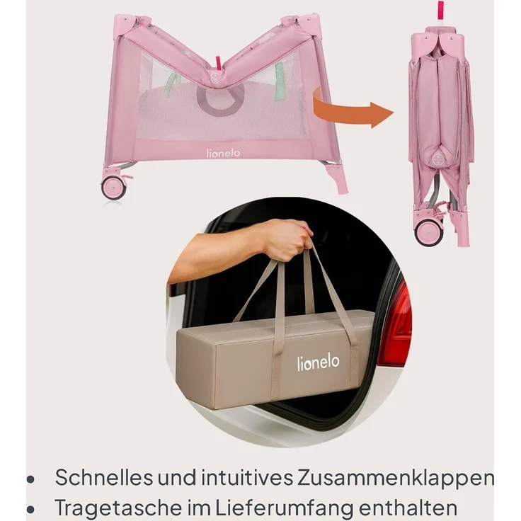 Lionelo Mille Plus 2-in-1 Reisebett und Laufgitter bis 15 kg 0-36 Monate, seitlicher Eingang, 3D-Matratze, 2 Räder mit Bremse für einfaches Zusammenklappen, Tragetasche – Bild 8