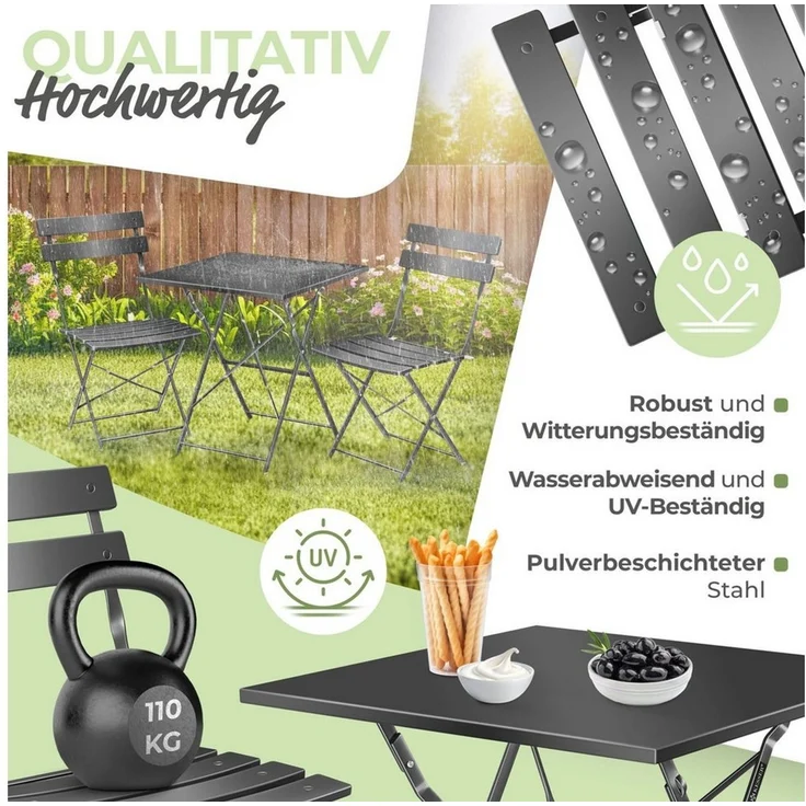 KESSER® Bistroset 3-teilig mit Bistrotisch & 2 Klappbaren Stühlen | Gartenmöbel-Set Outdoor Sitzgruppe | UV & wetterbeständig Gartentisch | Balkonset bestehend aus Klapptisch & 2x Klappstühlen & Cover Schwarz – Bild 3