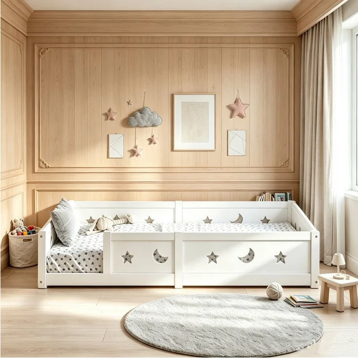 Simurq Kinderbett Weiß Holz, Montessori Bett mit Umrandung und Rausfallschutz (1 tlg, ohne Matratze, Mit Lattenrost), Bodenbett 90x200 cm, Sternen & Mond Design, für Jungen und Mädchen – Bild 1