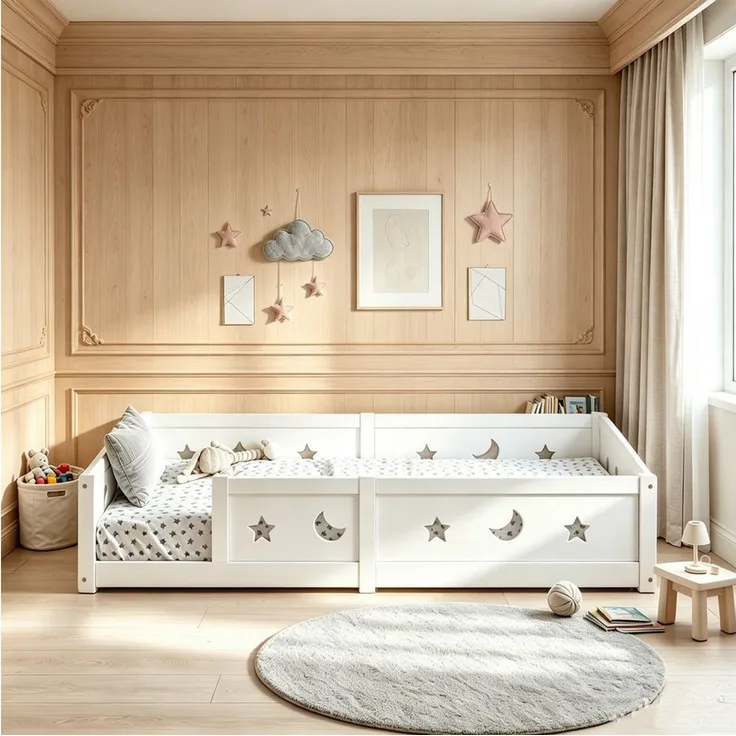 Simurq Kinderbett Weiß Holz, Montessori Bett mit Umrandung und Rausfallschutz (1 tlg, ohne Matratze, Mit Lattenrost), Bodenbett 90x200 cm, Sternen & Mond Design, für Jungen und Mädchen