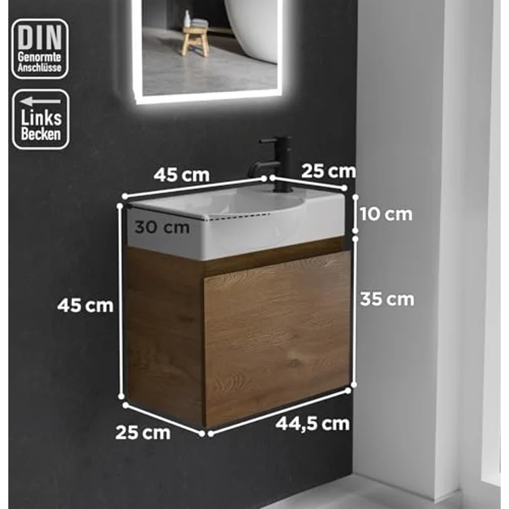 Alpenberger Badmöbel-Set - Gäste WC Waschbecken mit Unterschrank 45 cm Breit, (Badschrank 2-tlg, Waschtisch hängend), Waschbeckenunterschrank mit Softclose - Farbe Eiche - Links Becken – Bild 7