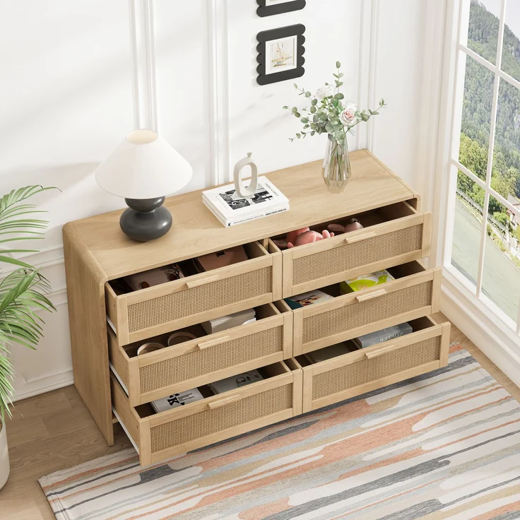 Kommode Kleiderschrank Rattan 6 Schubladen Natur Arc Shaped Corner Aufbewahrung Sideboard Dressingtable – Bild 2