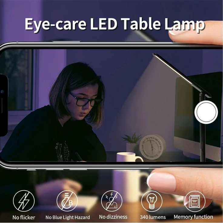 LQWELL Schreibtischlampe Schreibtischlampe LED, LED wechselbar, 3 Farbtemperaturmodi und 9 Helligkeitsstufen, Flimmerfreie Augenschutz, Touch-Steuerung, Speicherfunktion – Bild 2