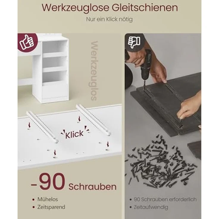 VASAGLE Kailyn Kollektion - Schminktisch mit Spiegel und LED-Leuchten, Hocker, Steckdosenleiste, 9 Schubladen, 9 dimmbare Glühbirnen, 3 Lichtfarben, werkzeuglose Gleitschienen, wolkenweiß – Bild 3