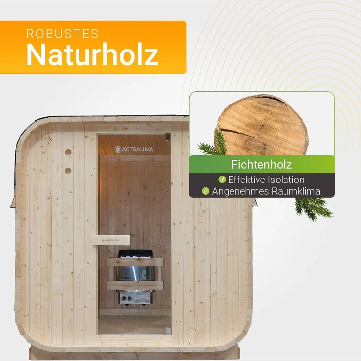 Artsauna Fasssauna Nolvik L, Outdoor-Sauna aus Fichtenholz, 6 kW Ofen, LED, Komplettset mit Sanduhr, Eimer & Thermometer, winterfest, Cube Design – Bild 3