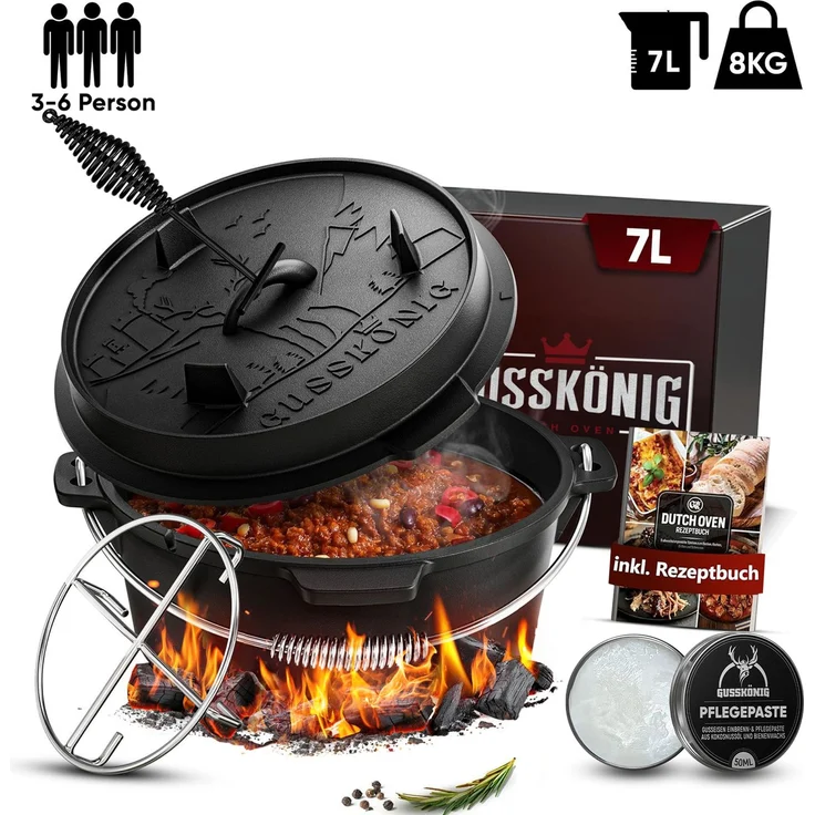 GUSSKÖNIG Dutch Oven Klassisch Topf ohne Füßen 7Liter Set – Bild 1