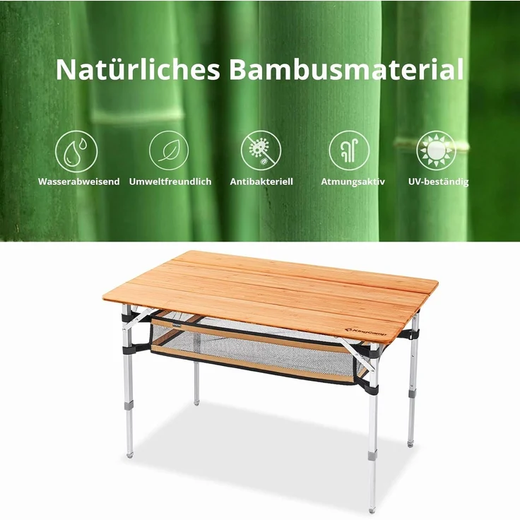 KingCamp Campingtisch Bambus Falt Tisch Camping Klapptisch, Garten Alu Holz 3Höhen Verstellbar – Bild 7