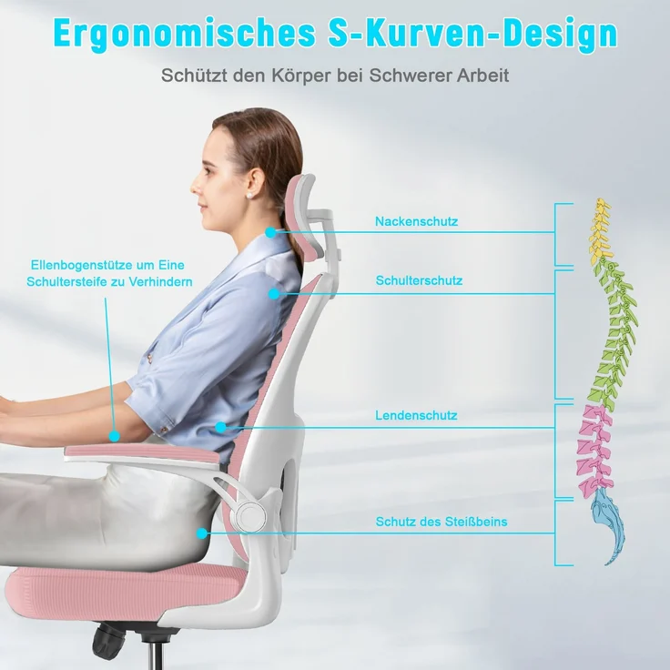 Botifly Ergonomischer Bürostuhl mit Kopfstütze, Mesh-Gewebe, Rosa, 90°-120° Wippfunktion, 10 cm Höhenverstellbar, 52 x 26 x 57 cm – Bild 3