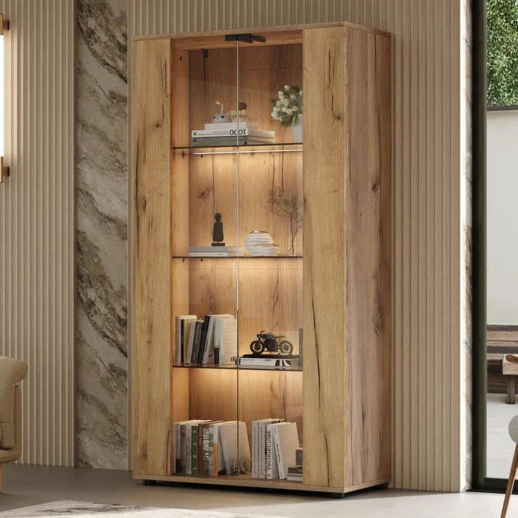 Merax Vitrinenschrank mit 2 Glastüren, 4 Ablageflächen und verstellbarer LED-Beleuchtung – modernes Design für Wohnzimmer, natur, 80×36×150.5cm – Bild 3