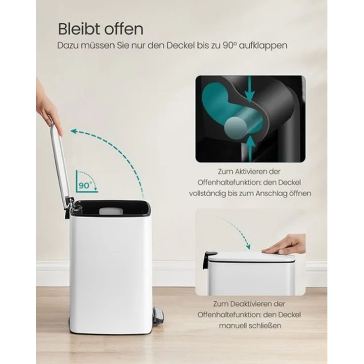 Songmics Mülleimer Küche, 20 Liter Abfalleimer, Tretmülleimer, Stahl, mit Inneneimer, Softclose, Offenhaltefunktion, wolkenweiß LTBDE592W02 – Bild 4