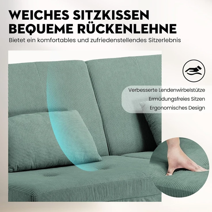 COMHOMA Sofa Schlafsofa mit Schlaffunktion, überzug Futon Klappsofa, Bettcouch, ecksofa, Couch Gästebett, 3-Sitzer Sofa, mit verstellbare Rückenlehne aus Cordstoff Grün – Bild 6