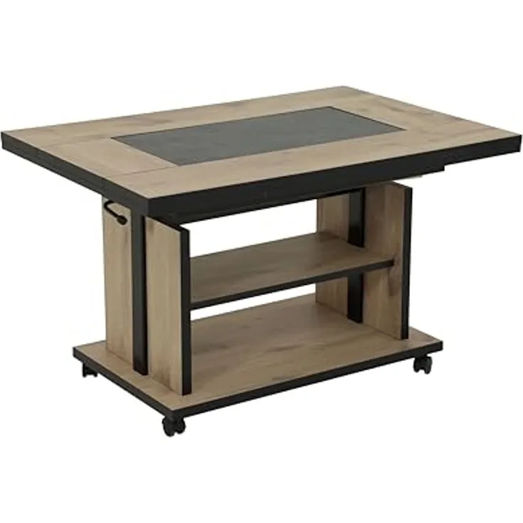 Hela Tische, Couchtisch mit 3 Funktionen Berlin, Dekor Artisan Eiche, Schieferplatteneinlage, Ausziehbar, Höhenverstellbar mit Lift, Kunststoff-Rollen mit Bremse
