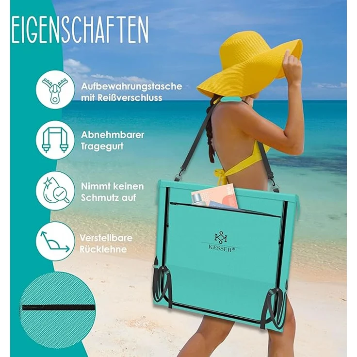 KESSER® Strandmatte, klappbar mit verstellbarer Rückenlehne, faltbar mit Tragegurt, wasserdichter Handyhülle & Aufbewahrungstasche, bis 130kg, Blau, 180cm x 53cm x 40cm – Bild 2