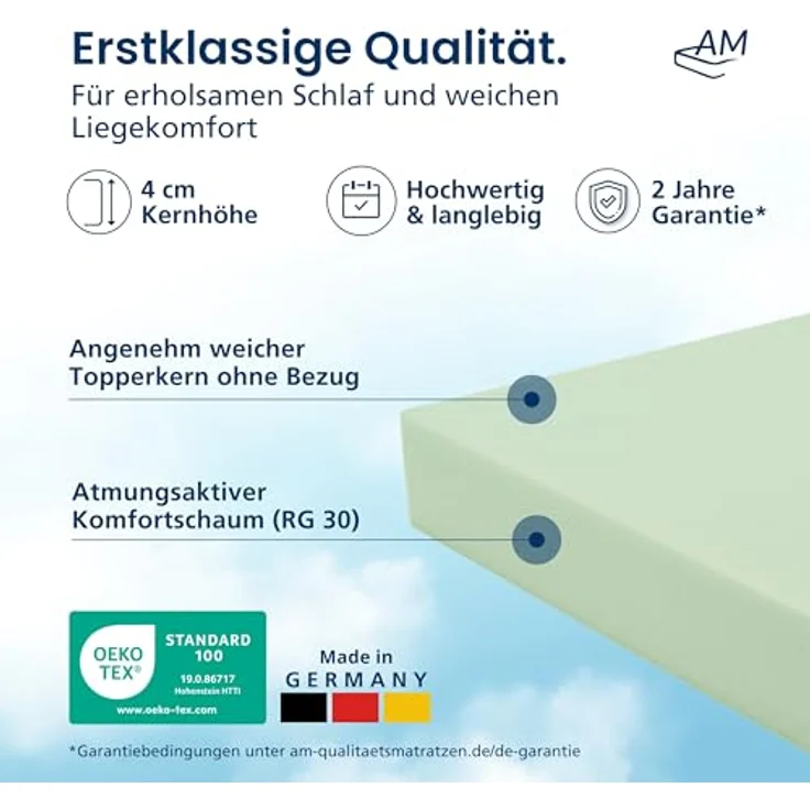 AM Qualitätsmatratzen Topper 140x200 H2, Anpassungsfähige Schaumstoffauflage ohne Bezug, Oeko-TEX zertifiziert, Made in Germany, für Boxspringbetten – Bild 3