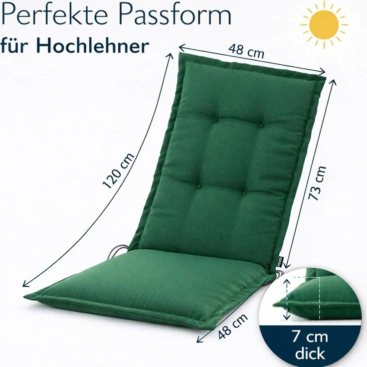 BURI 6x Auflagen Set Hochlehner für Gartenstühle 120x48x7cm Sesselauflagen Polster UV Lichtecht - Gartenstuhlauflagen Stuhlkissen mit Dicker Schaumstoff Füllung (Dunkelgrün) – Bild 3