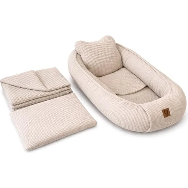 Babynestchen Neugeborene – 5-teiliges Baby Set mit Babynest aus Waffelpique Baumwolle – Nestchen Baby für Babybett & Kinderbett – Babykokon Tragbar – OEKO-TEX zertifiziert – Zubehör Babybett - Sand