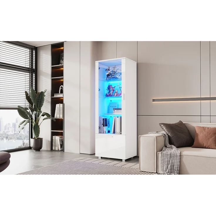 50*40*160cm Weiß Hochglanzvitrinen mit Acryltür, LED-beleuchtete Acryl-Vitrine, Vitrinen für Sammlerstücke, Parfümschränke, Bücherregale und Acryl-Vitrine mit Weiß Hochglanztüren (3 Fachböden)--Weiß--50x40x160cm--YOUDENOVA – Bild 10