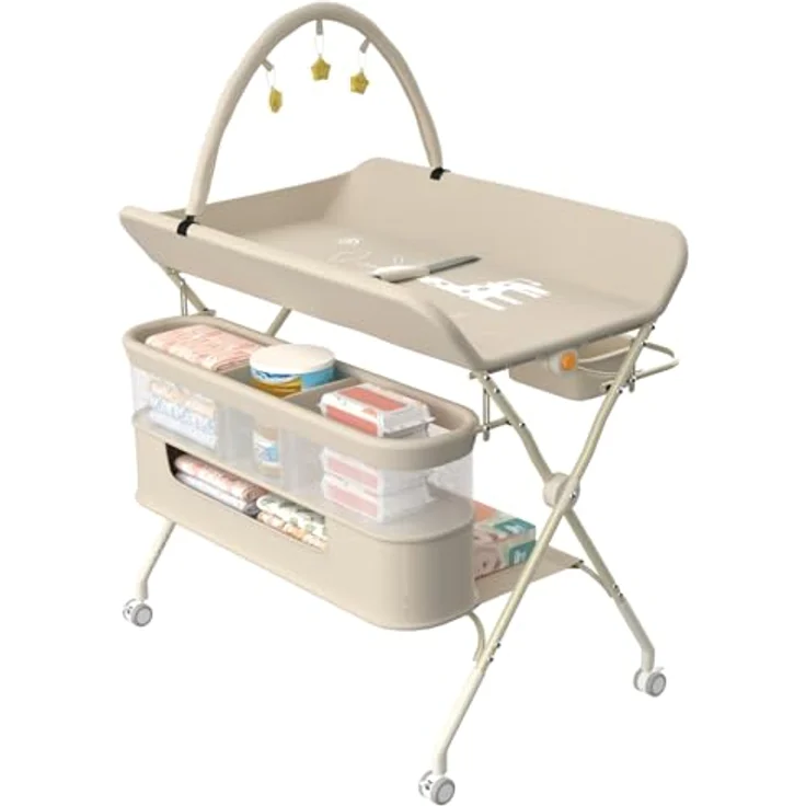 Wickelstation für Baby, Wickeltisch, faltbar, tragbar, Wickeltisch, faltbar, tragbar, mit Aufbewahrungskorb, maximale Belastung von 25 kg,75 x 68 x 83–91 cm (Schwarz) Cremeweiß – Bild 3