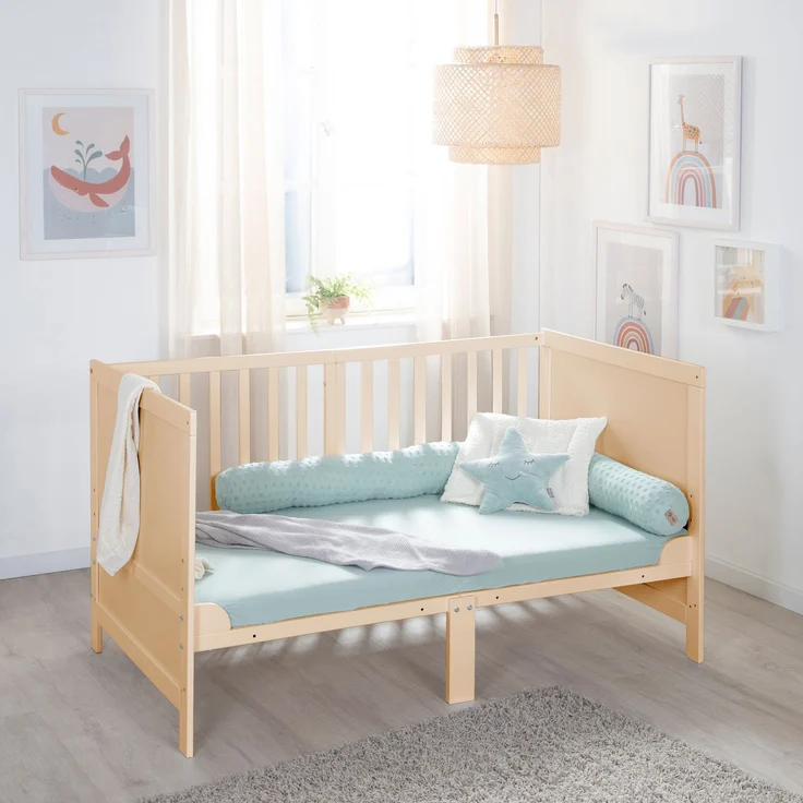 roba Babybett EASY SLEEP 70 x 140 cm inkl. Umbauecken + Matratze safe asleep® Roll Air - Mitwachsendes Gitterbett 3-fach höhenverstellbar - 3 Schlupfsprossen - Holz natur – Bild 4