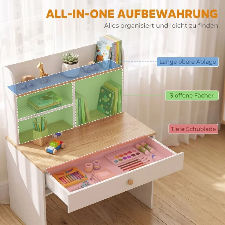 AIYAPLAY Kinderschreibtisch, Spanplatte, MDF, Weiß, 80L x 50B x 100H cm – Bild 4