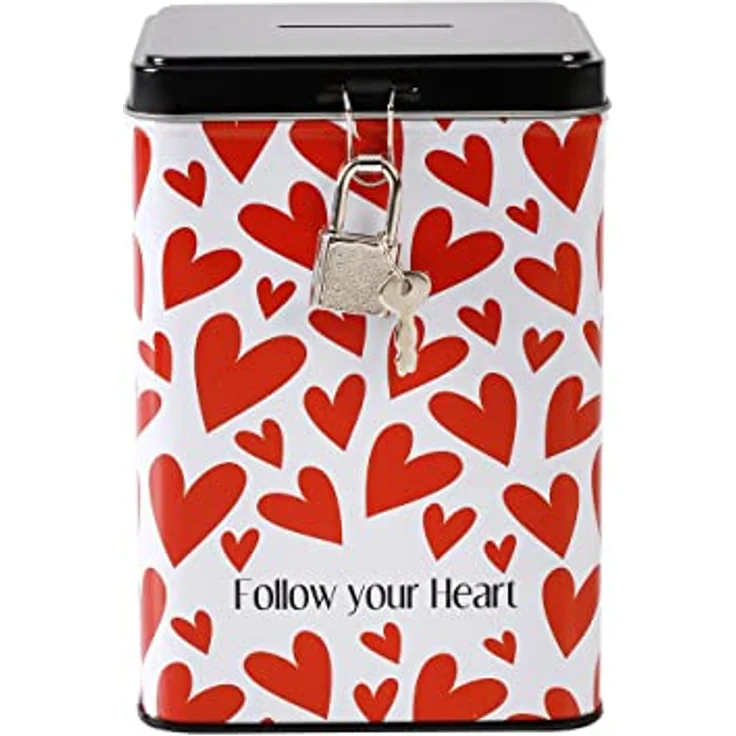 I-TOTAL® – Lustige Spardose mit Vorhängeschloss und Schlüssel, Sparbüchse aus Metall mit Verschluss (Follow Your Heart) – Bild 1