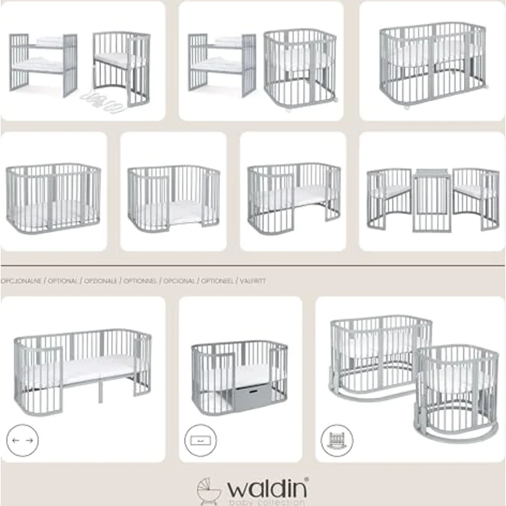 Waldin Babybett OWAL aus Holz 7in1 mit Matratze, mitwachsendes Kinder-Bett, belüftet, Boden 5-fach verstellbar, All-Inclusive-Set Holz grau, Stoffe Champagner Löwenzahn – Bild 3