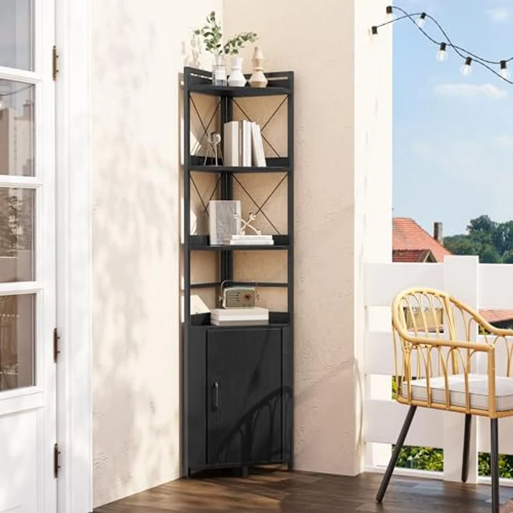 YITAHOME Eckregal mit 4 Ebenen, industrielles Bücherregal mit Schrank, freistehendes Bücherregale aus Holz, Lagerregale für Wohnzimmer, Heimbüro, Flur, Schwarze Standregal – Bild 4