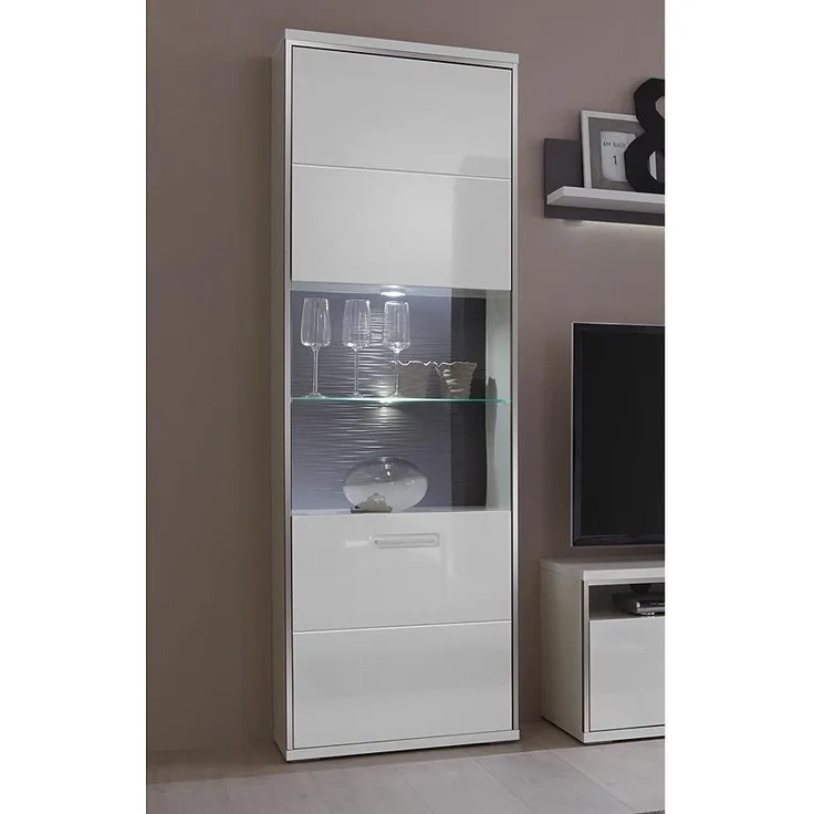 Vitrine TRENTO Weiß Hochglanz Absetzungen Grau B 64 cm