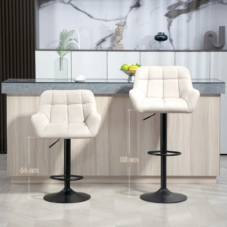 Barhocker 2er-Set Retro-Design höhenverstellbar Kunstleder Leinenoptik Creme + Schwarz--Cremeweiß--57.5x52.5x114cm--YOUDENOVA – Bild 4