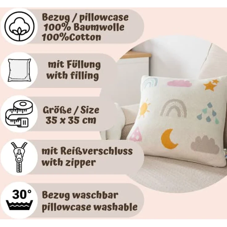 howa Dekokissen be happy, Strickkissen Kinderzimmer Deko Kissen für Kinder Baumwolle mit Füllung – Bild 4