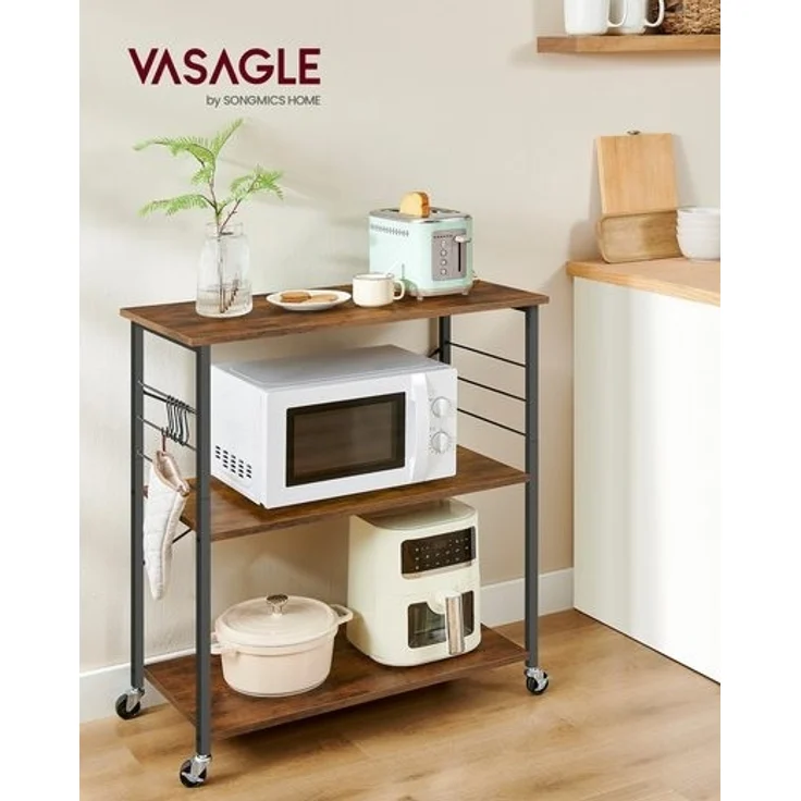 Vasagle Küchenregal auf Rollen, Servierwagen mit 3 Regalböden, Mikrowellenregal, für Minibackofen, Toaster, Wasserkocher, Metall, mit 6 Haken, Industrie-Design,40 x 80 x 82,5 cm (T x B x H), Vintagebraun-Schwarz von Songmics – Bild 2