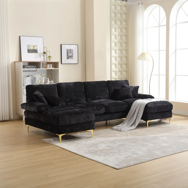 (Old SKU:W1880S00025)Modernes großes Chenille U-Shape Sektionssofa mit doppelten Liegesitzen für Wohnzimmer Schlafzimmer Büro Wohnung Villa Wohnzimmer Zuhause am Kamin--Schwarz--272x136x88cm--YOUDENOVA – Bild 10