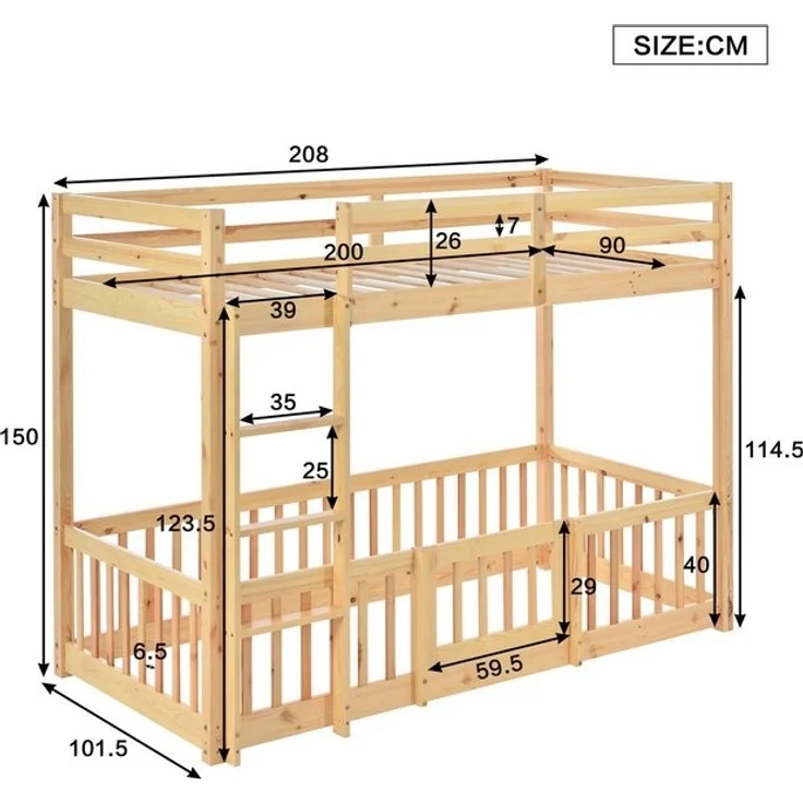 Flieks Etagenbett (mit rechtwinkliger Leiter, Zäune und Tür), Hochbett Kiefernholz Kinderbett mit oberem Lattenrost 90*200cm – Bild 4