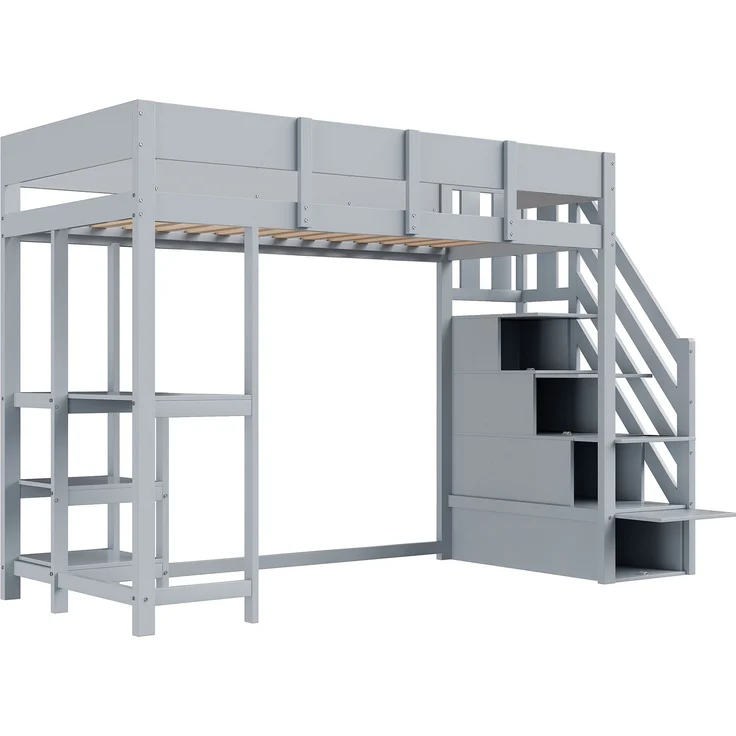 Hochbett 90x200 cm Kinderbett aus massivem Kiefernholz mit Stauraum,Treppe & Ablageregal,platzsparend,sicher,Grau – Bild 7
