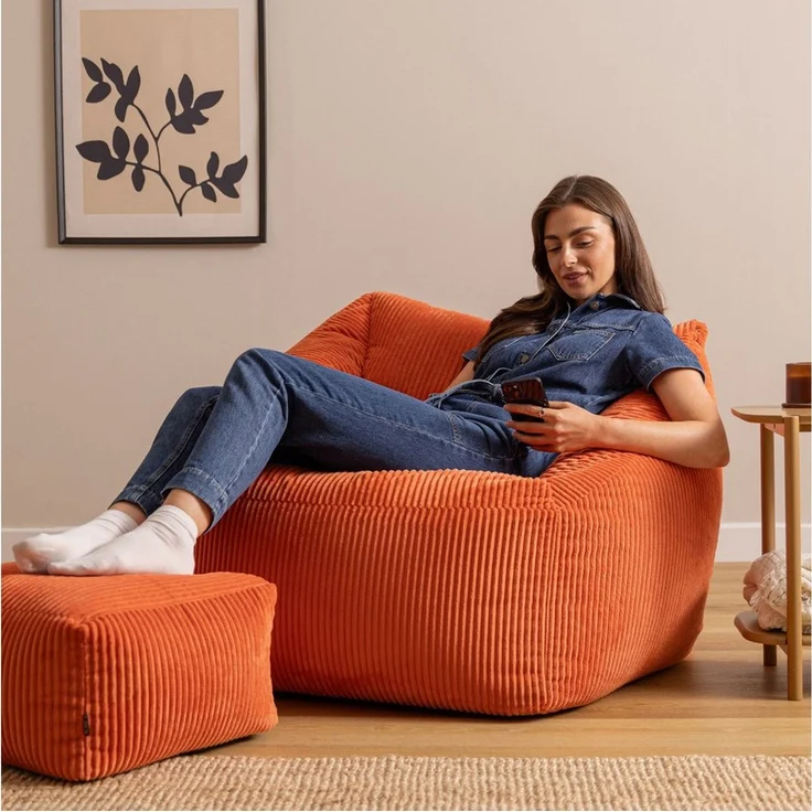 Icon Natalia Sitzsack Sessel mit Hocker für Erwachsene, Orange, Flauschiger Cord Stoff, Riesen Sitzsack Cord mit Füllung, Bean Bag Chair, Bequemer Sessel Wohnzimmer, Lounge, Schlafzimmer, Büro – Bild 1