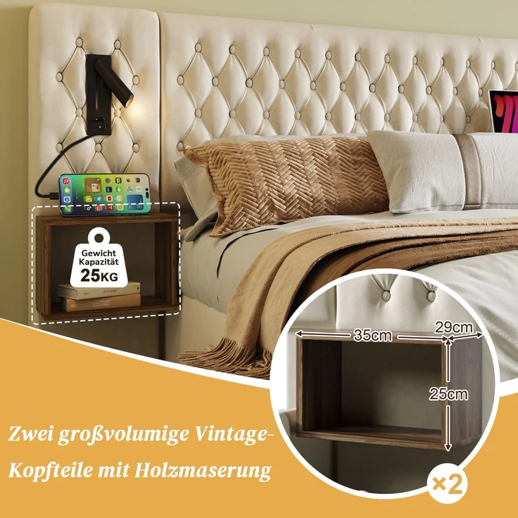 Bettanlage 180x200 cm mit 2 Nachttischen, 4 Schubladen, Leselampen und USB-/Type-C-Ladestation – Beige – Bild 9