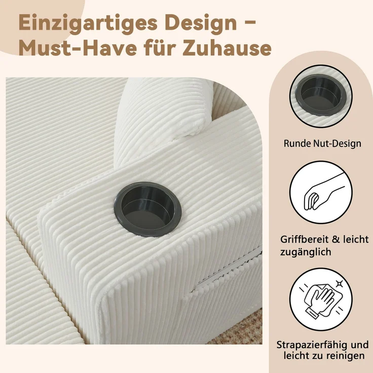 EINHOM 3-Sitzer modulares Ecksofa, komprimiertes L-Form Sofa mit beweglichen Ottomanen, weicher Cordstoff, Getränkehalter, Seitentasche und Kissen, geeignet für Wohnzimmer, Hotels und Mietwohnungen, Beige – Bild 5