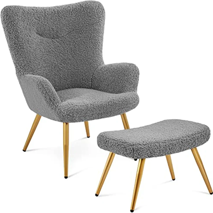 Yaheetech Ohrensessel mit Hocker Polyester-Bezug, Fernsehsessel Armlehnensessel Polstersessel Relaxsessel Cocktailsessel Teddy-Plüsch Stilvolles Design Grau – Bild 2