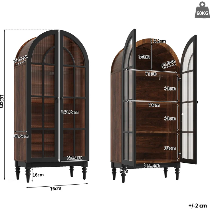 Hoher Bogen-Aufbewahrungsschrank, freistehende hohe Bogen-Aufbewahrungstür für Küche und Wohnzimmer,Küchenschrank, Aufbewahrungsschrank,Vitrine mit Glastüren,Schrank mit Holzmaserung, 2 Schränke – Bild 5