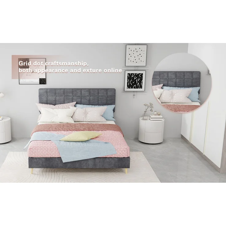 Novelux Polsterbett 140x200 cm mit gestepptem Kopfteil - Doppelbett Stoffbett Dunkelgrau, Massivholzrahmen & Holzfüße, Modernes Bettgestell für Schlafzimmer – Bild 6