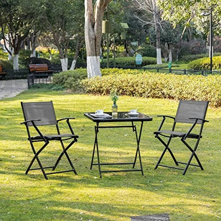 Outsunny Sitzgruppe klappbar 3tlg. Balkonset Balkonmöbel 1 Tisch+2 Stühle Gartenmöbel Set Sitzgarnitur Metall Mesh Schwarz+Grau – Bild 2