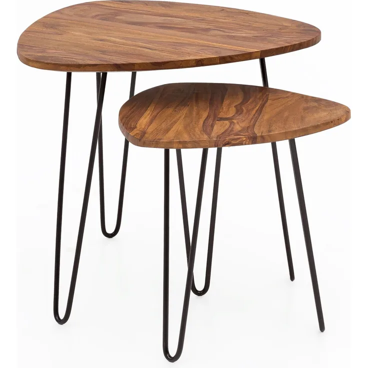 Wohnling Design Satztisch FB51455 Sheesham Metall Beistelltisch 2er Set klein